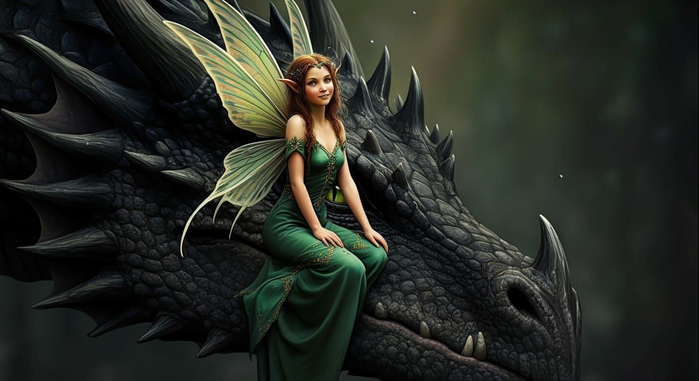 Fairy on Dragon Nose: Fantasy Illustration