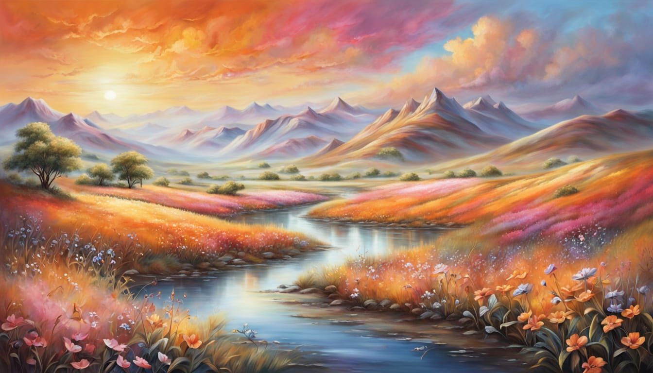Airbrushed Sunset Valley Mural in Dreamlike Style