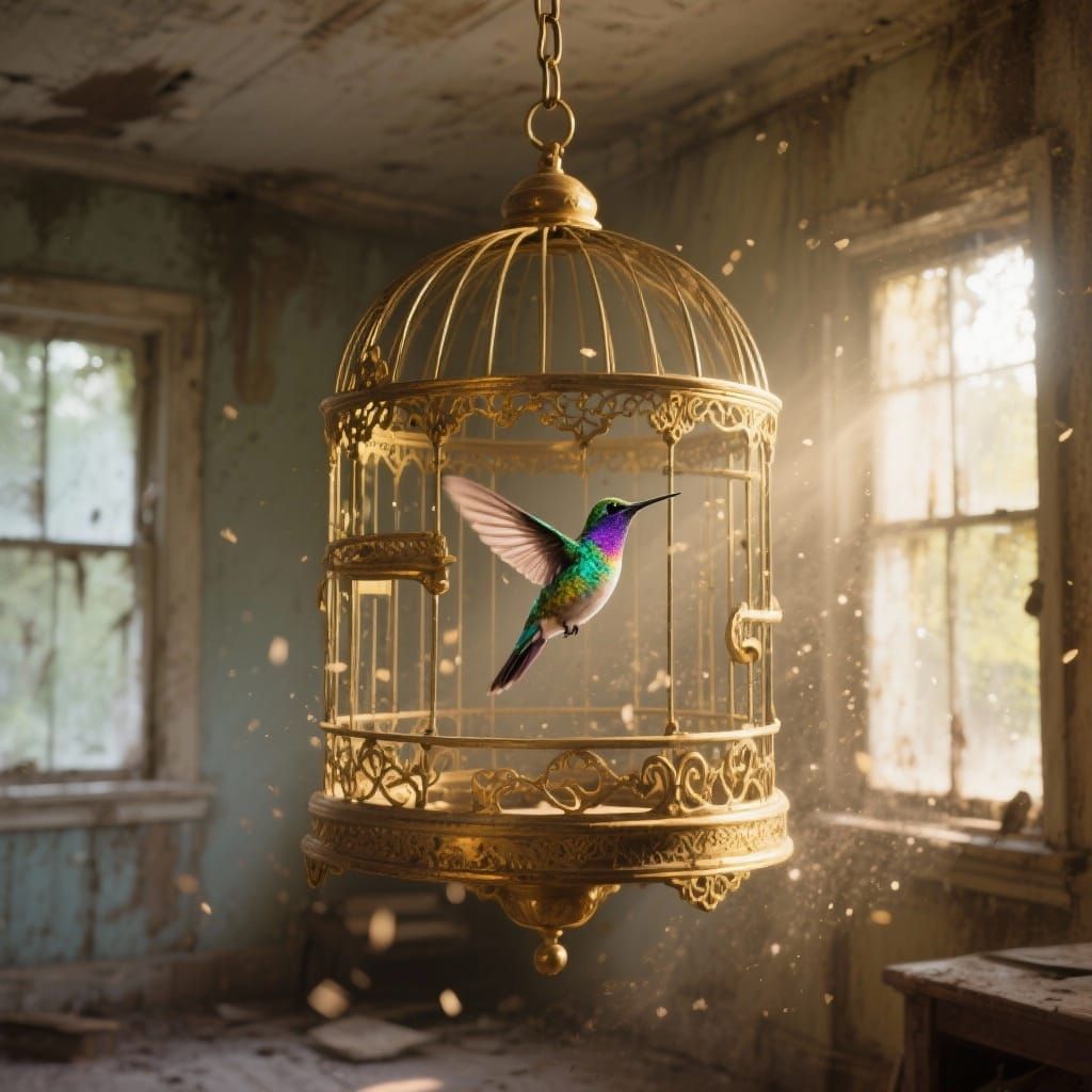 Antique Golden Birdcage with Hummingbird in Dusty Attic