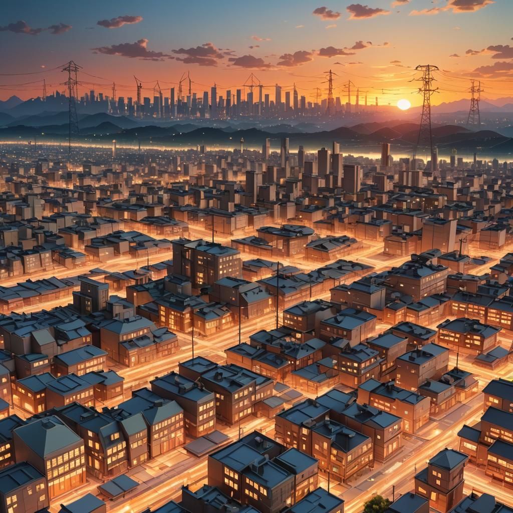 Power Grid Sunset in Origami Papercraft Style