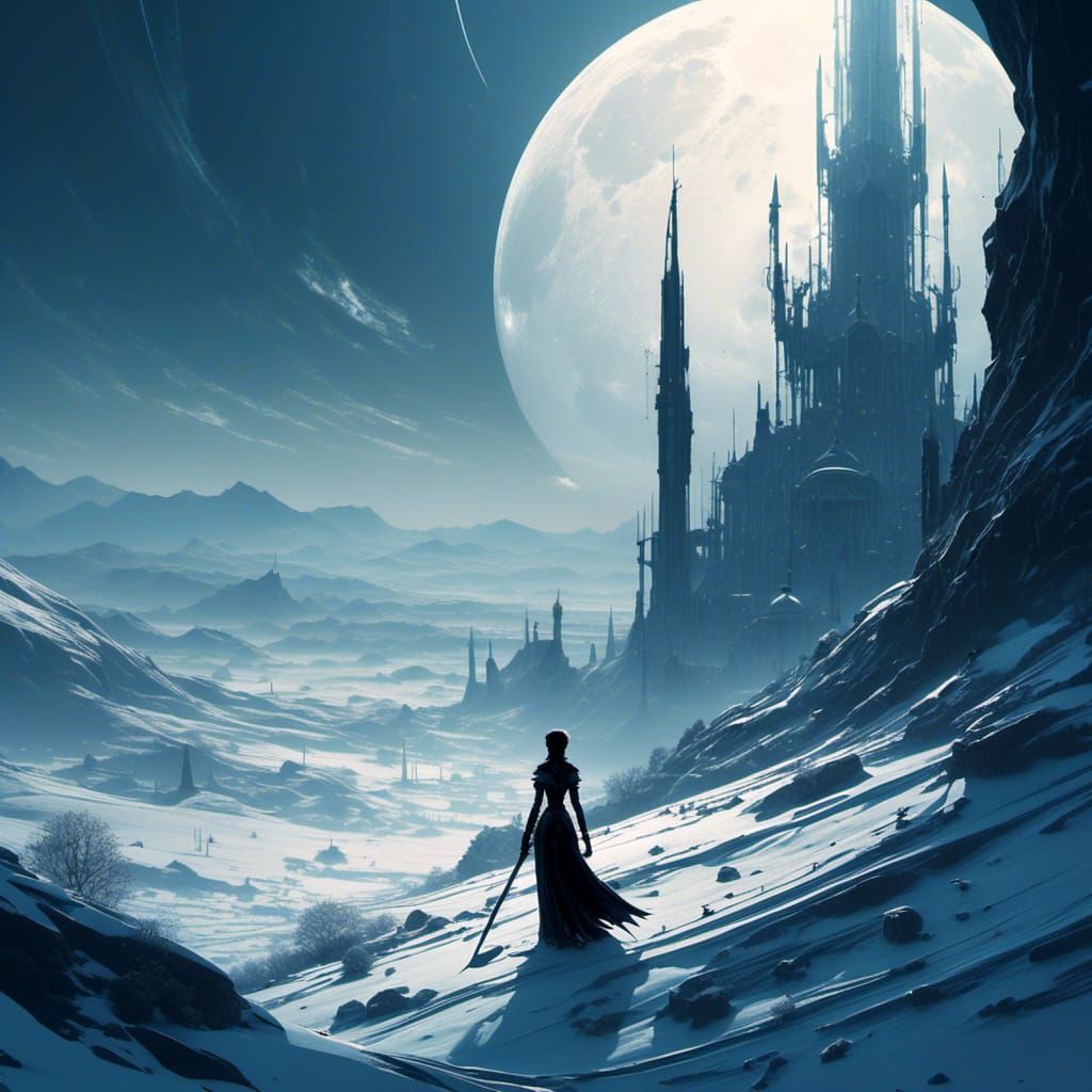 Tiny Woman and Giant Sword in Snow Landscape