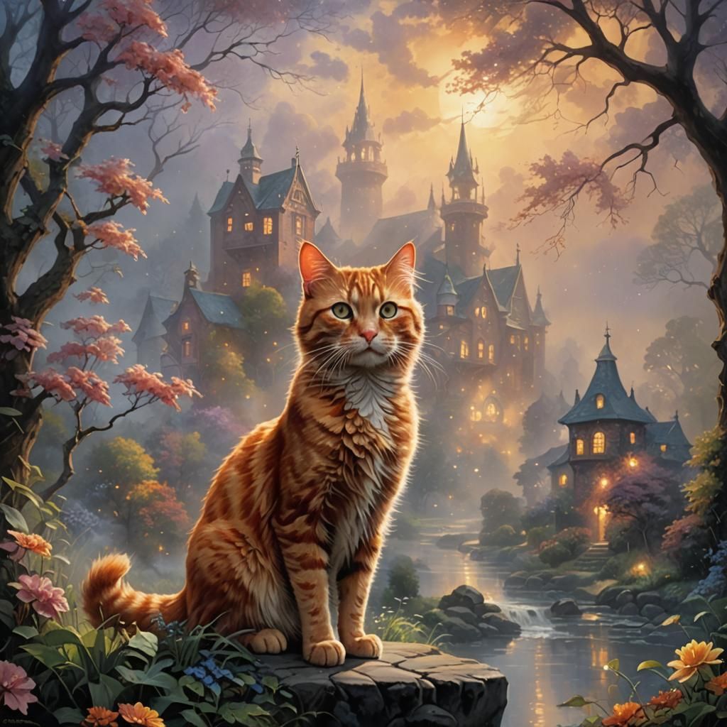 Ginger Cat Silhouette in Ethereal Fantasy Style