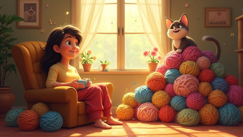 Or I can be a mom, waiting for you. A cat with a mischievous smile sits on top of a mountain of colorful balls of yarn o...