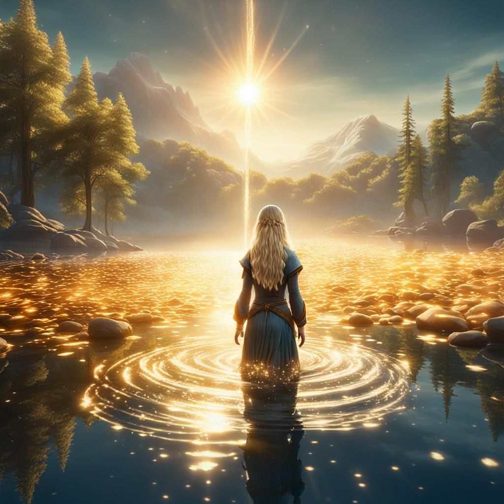 Water Girl Entering a Sparkling Lake