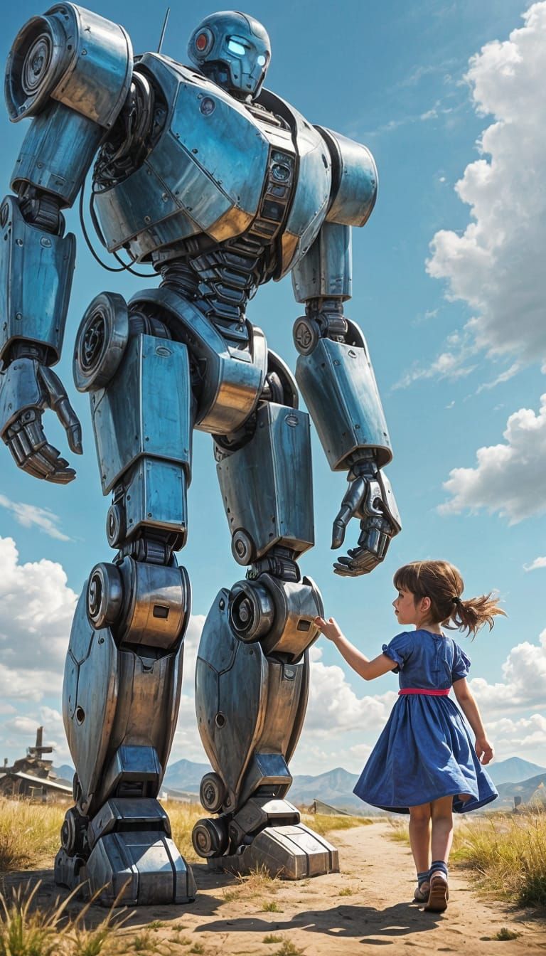 Giant Robot and Little Girl Walk Hand-in-Hand