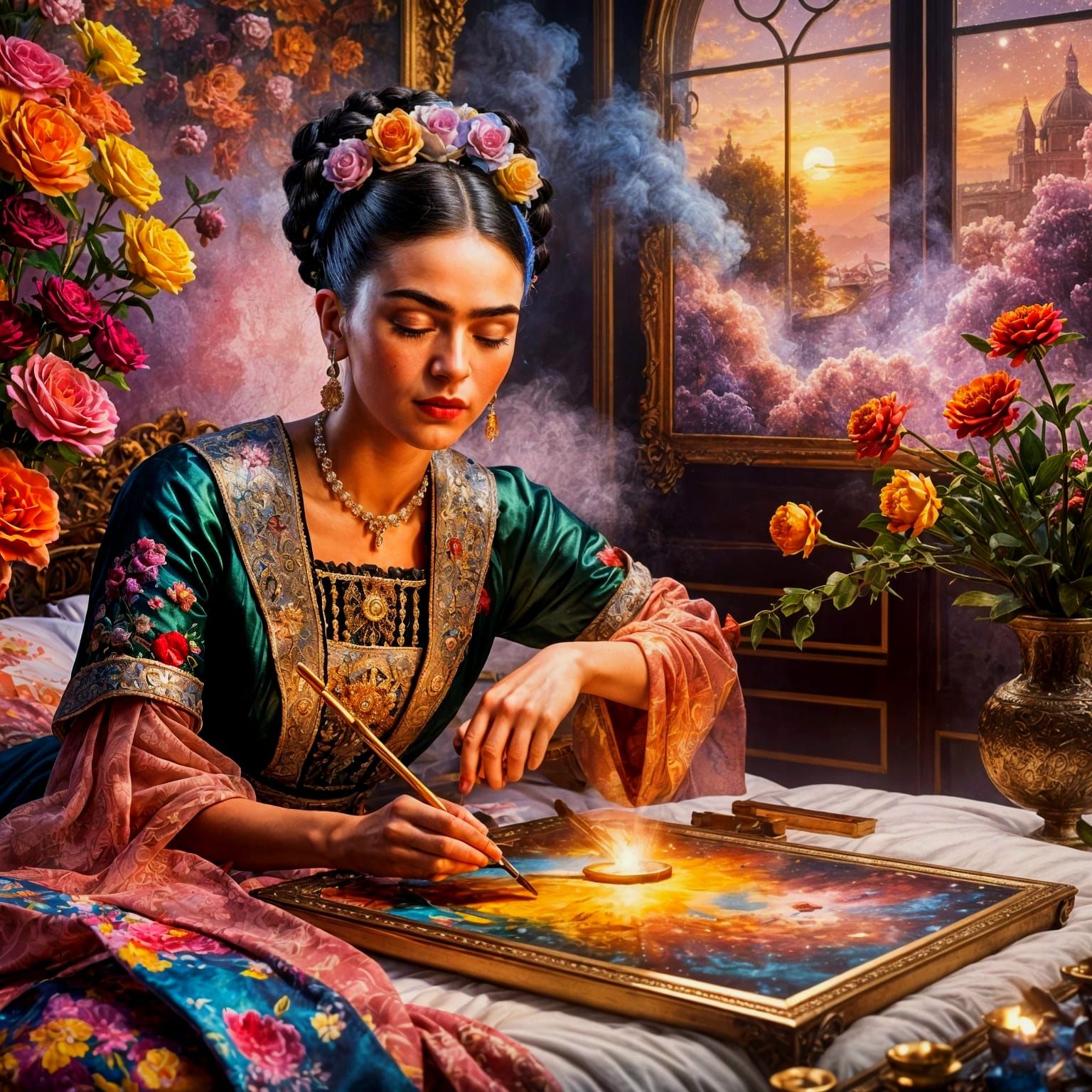 Frida Kahlo painting on her bed