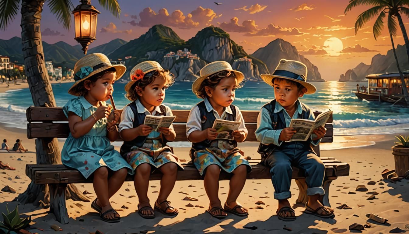 Babies on Acapulco Beach with Cigars and Harmonica