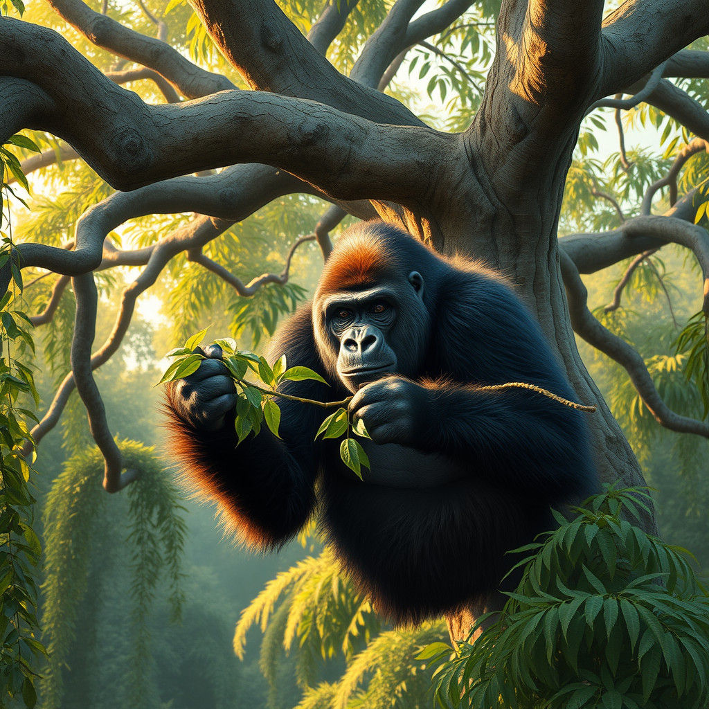 Gorilla Eating Leaves in Forest Canopy