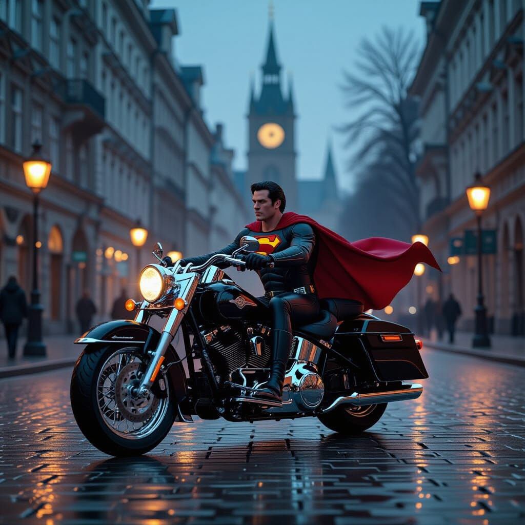 Superman Rides Harley Davidson in Neo-Gothic City
