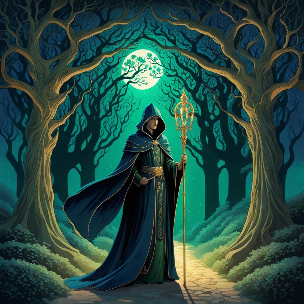 A mystical tarot card featuring a cloaked figure holding a glowing staff, the card framed by intricate golden patterns r...