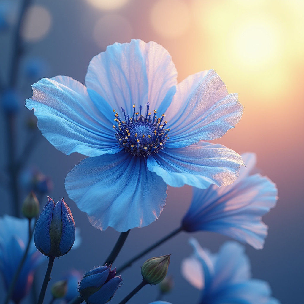 Ethereal Blue Flower Arrangement in Watercolor Style