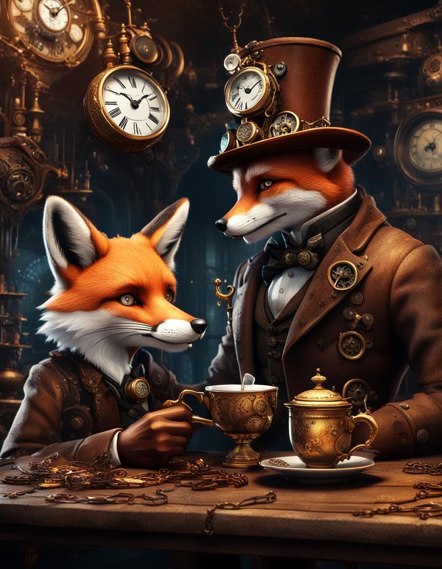 Steampunk Fox Tea Time: Detailed Matte Painting