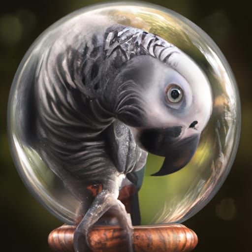 African Grey Parrot in Glass Sphere: 3D Digital Art