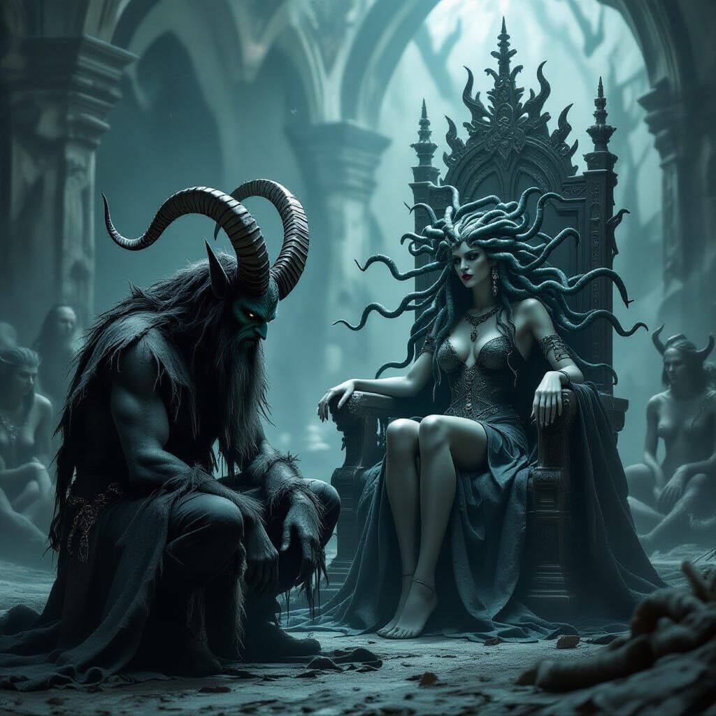 Krampus Submits to Medusa on Gothic Throne