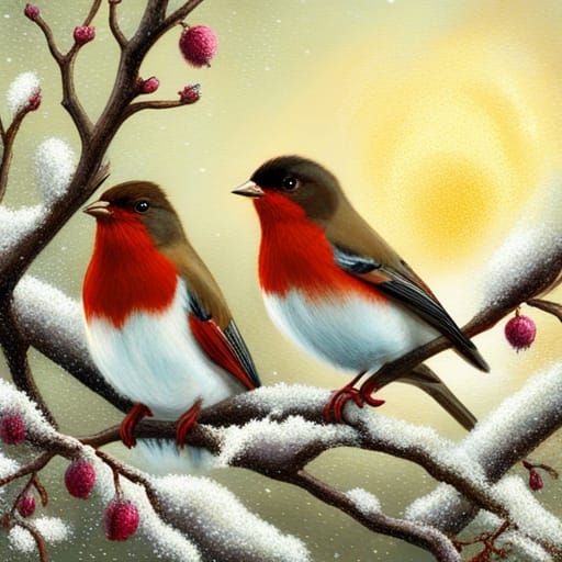 Winter Birds Portrait in Hyperdetailed Digital Art