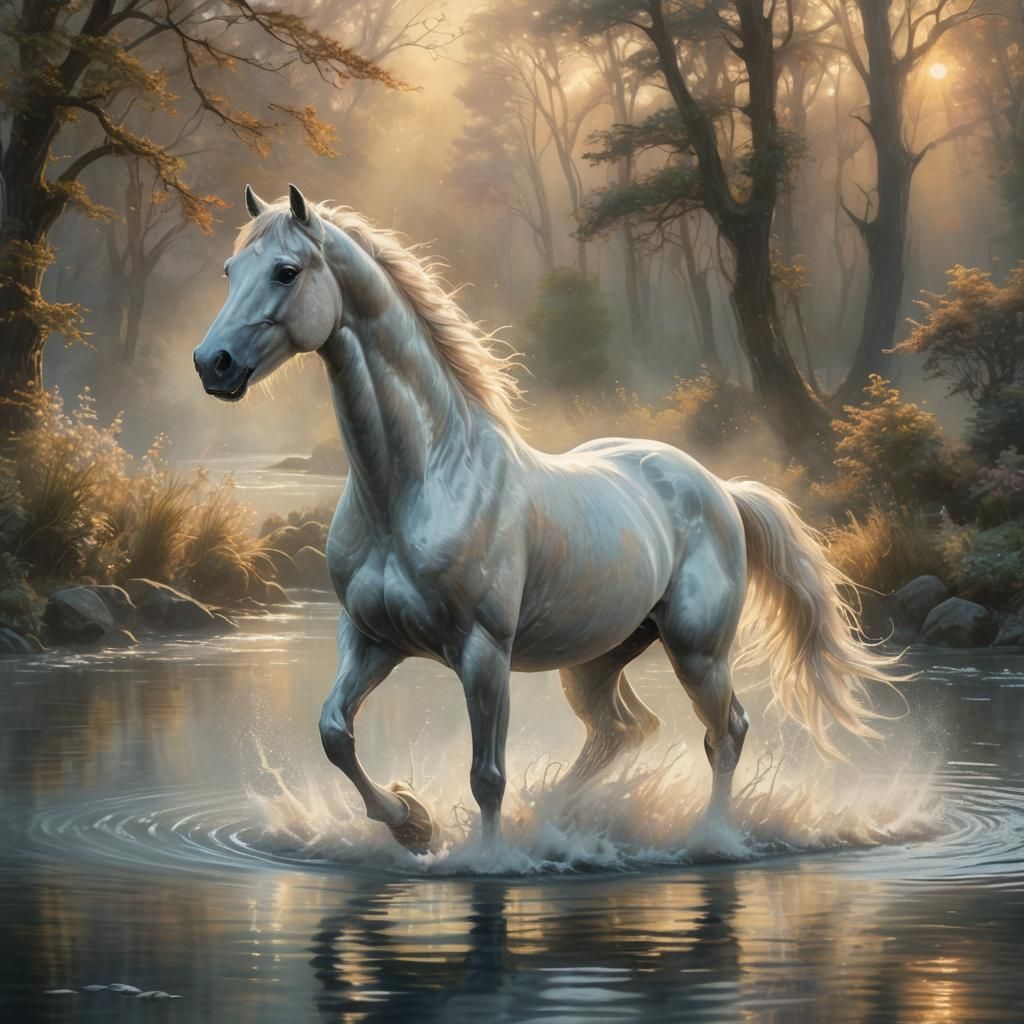 Ethereal Horse Runs on Water in Dreamy Light