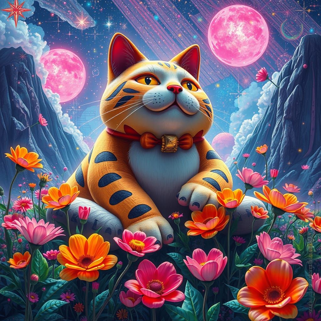 Mammoth Cat in Neon Flowers, Pop Art Style