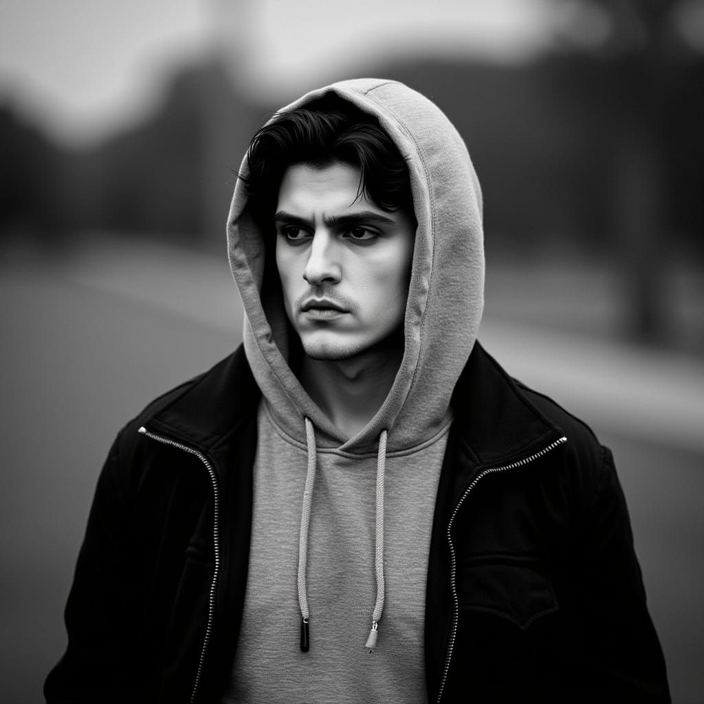High-Contrast Portrait of Vampire in Hoodie