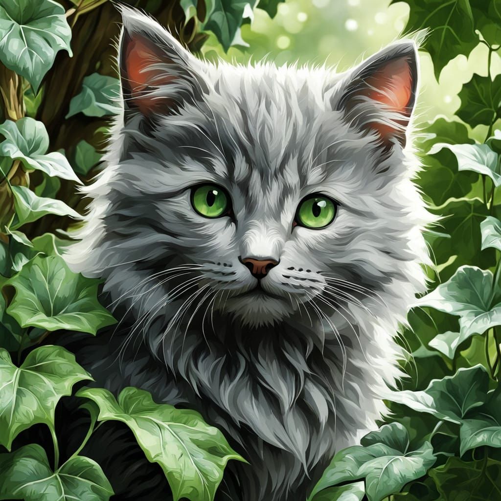 Whimsical Gray Kitten in Lush Greenery