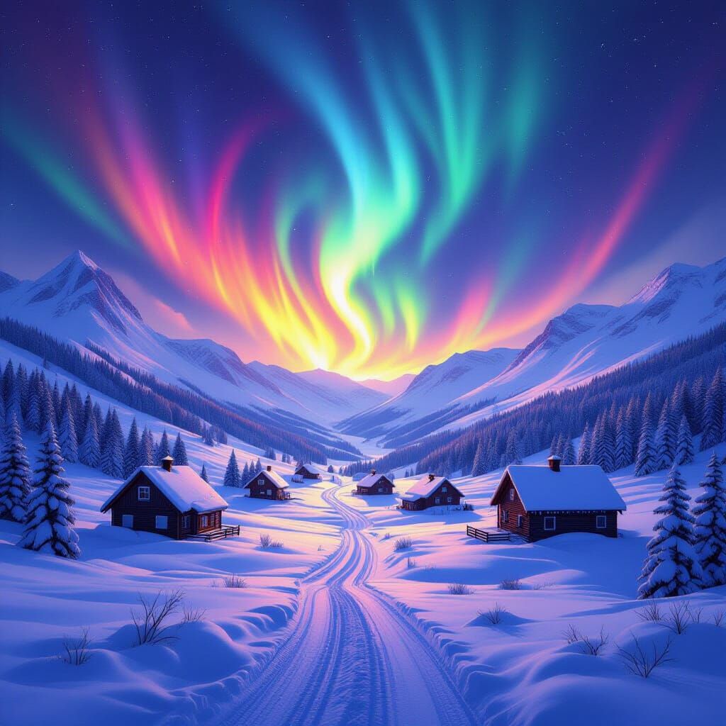 Snowy Farmland Valley with Aurora Borealis in Digital Art St...
