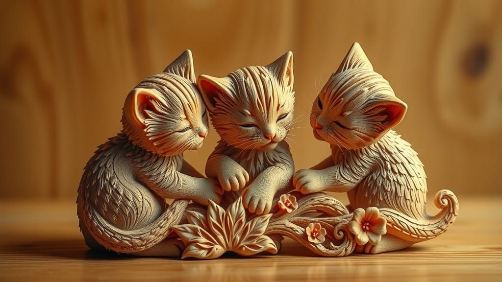 Whimsical Wooden Pencil Sculpture of Kittens in Delicate Fil...