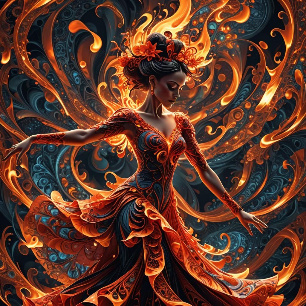 Flamenco Dancer Ablaze in Surreal Fractal Art