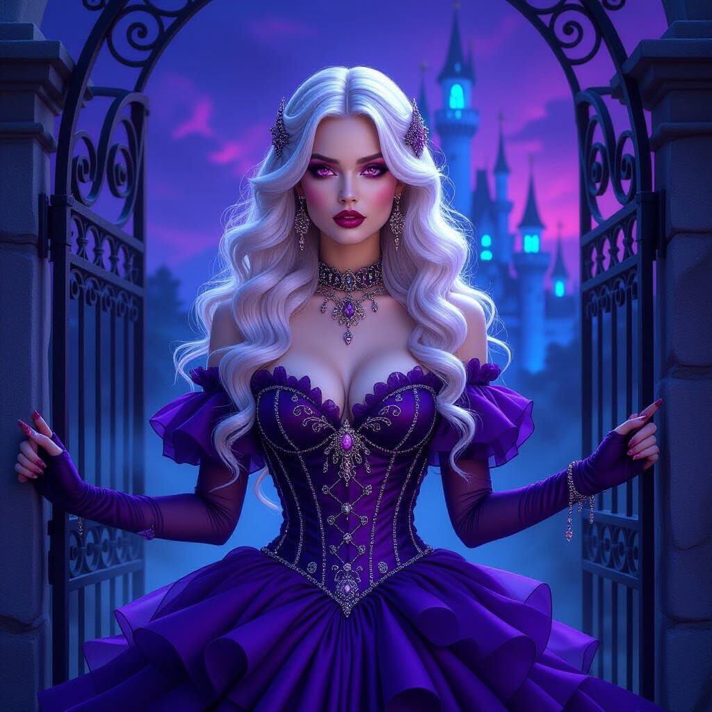 Enchanting gothic beauty with long platinum hair cascading i...