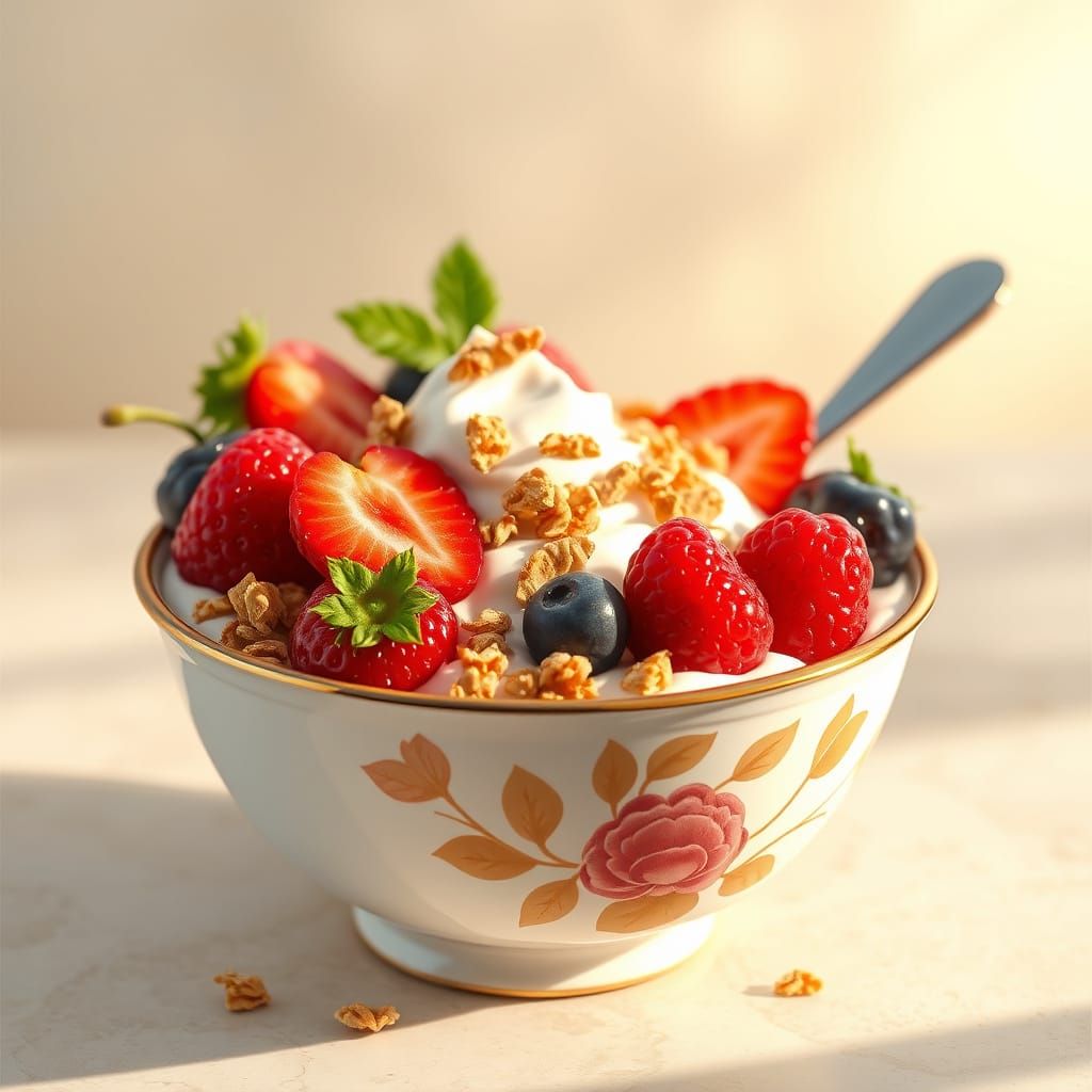 Pastel Paradise Yogurt Bowl in Whimsical Anime Style