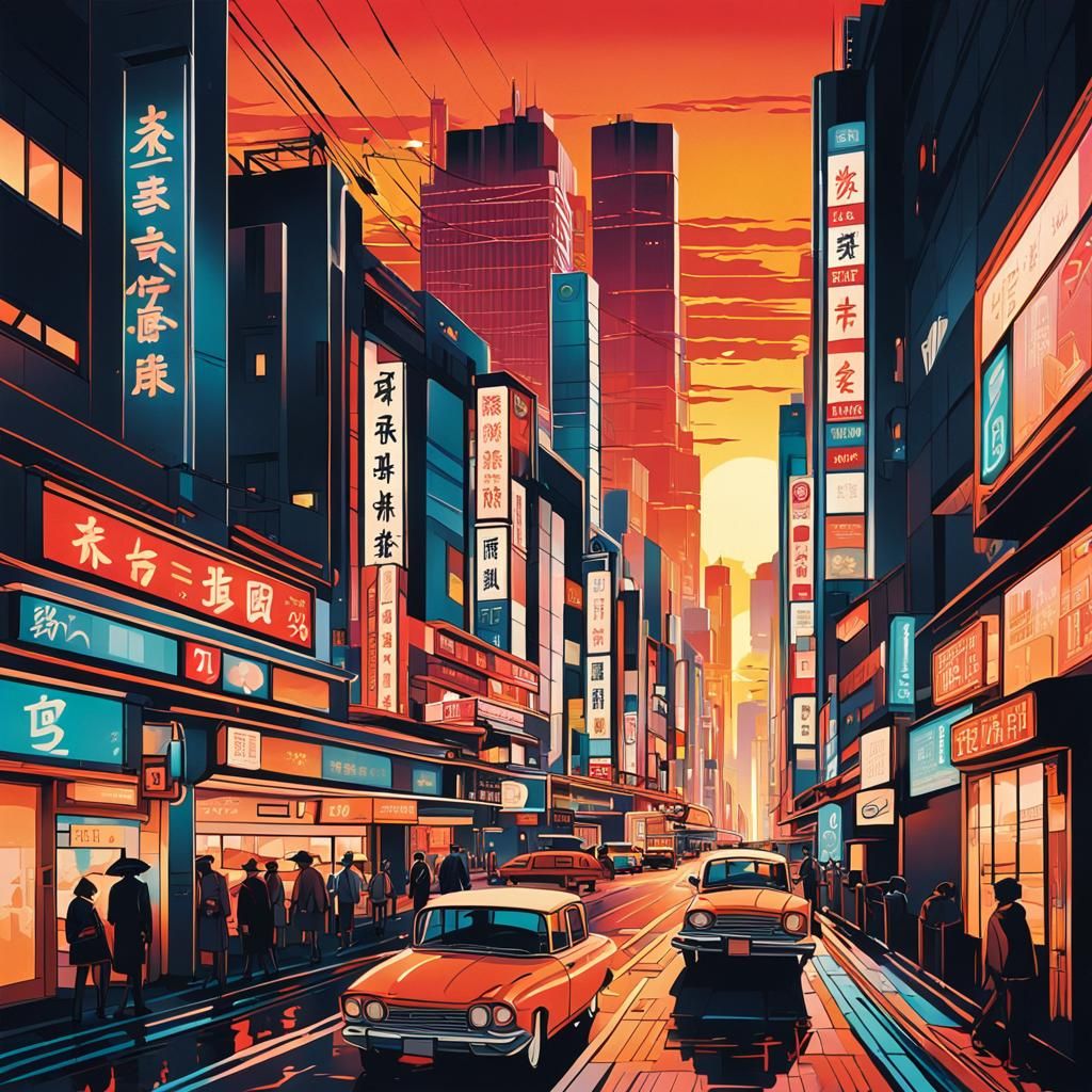 Retro Art Deco Tokyo Travel Poster at Sunset