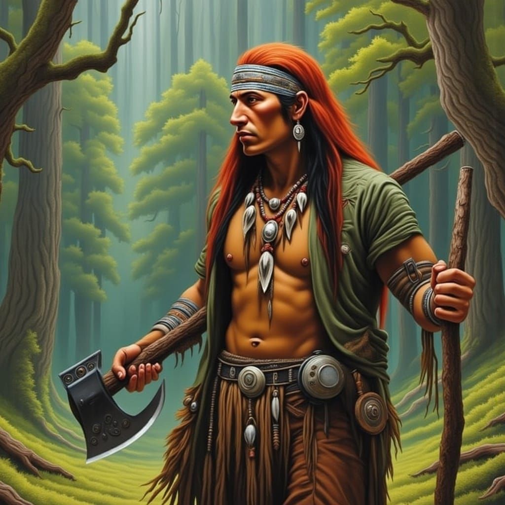 Ginger Shaman Hunter with Axe and Animal Teeth
