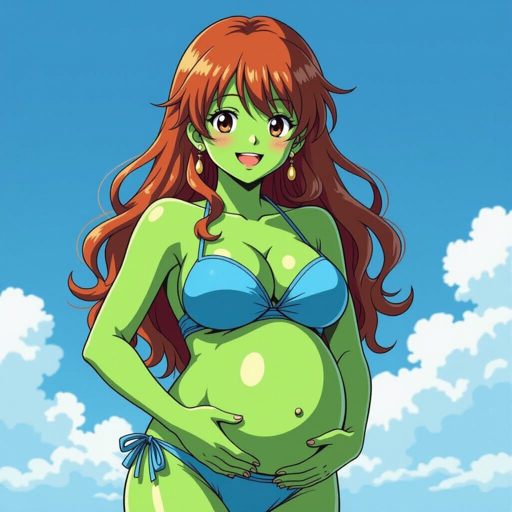 Green-Skinned Pregnant Woman in Anime Style