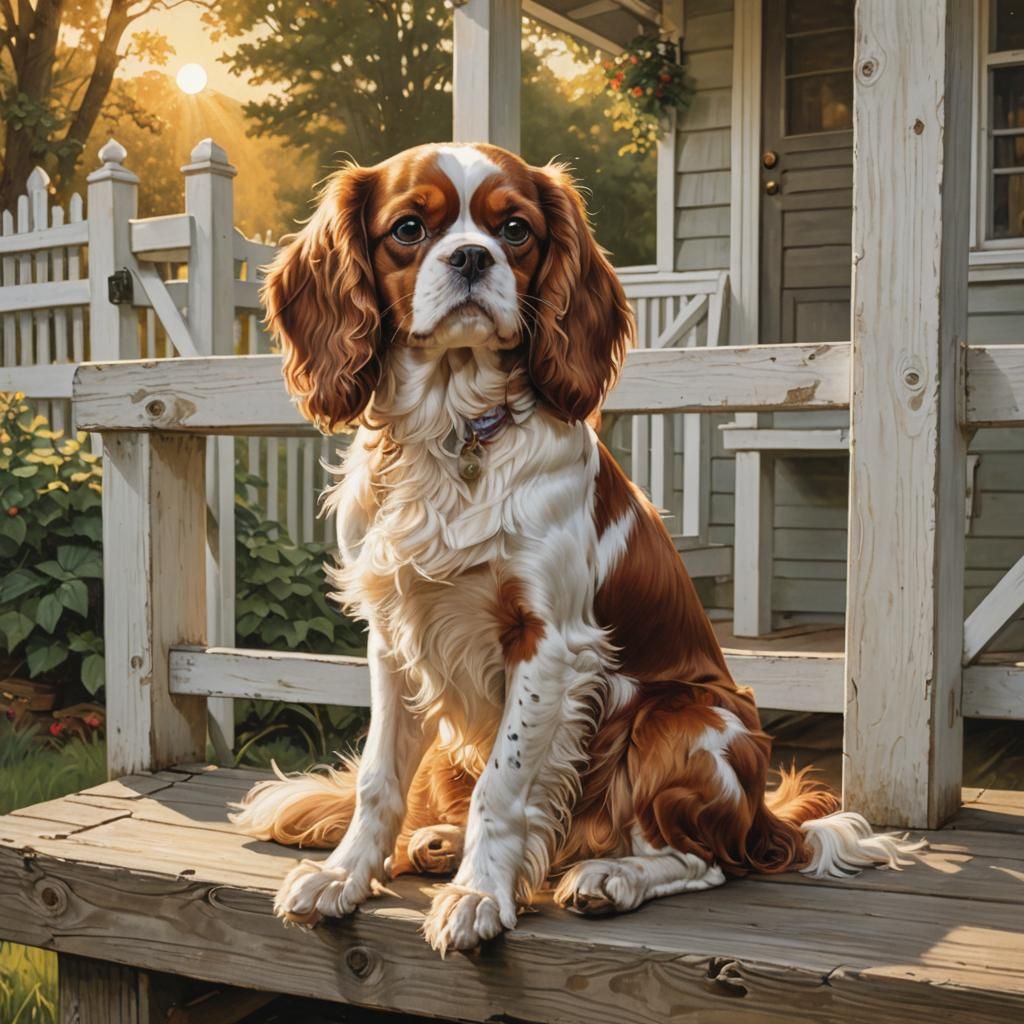 A charming Norman Rockwell-inspired illustration of a Cavali...