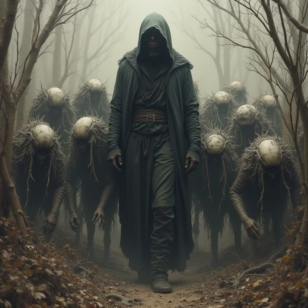 Blight Shepherd Guiding Twisted Creatures in Dystopian Style