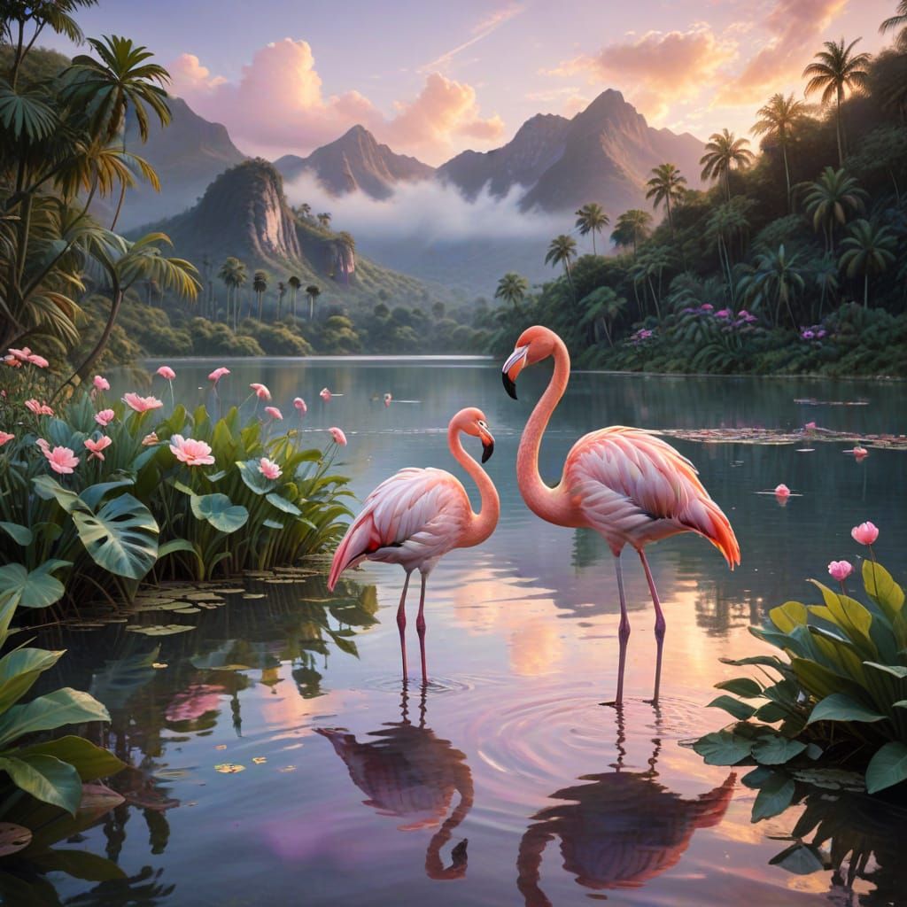 Flamingos in Serene Lake at Sunset in Pastel Colors