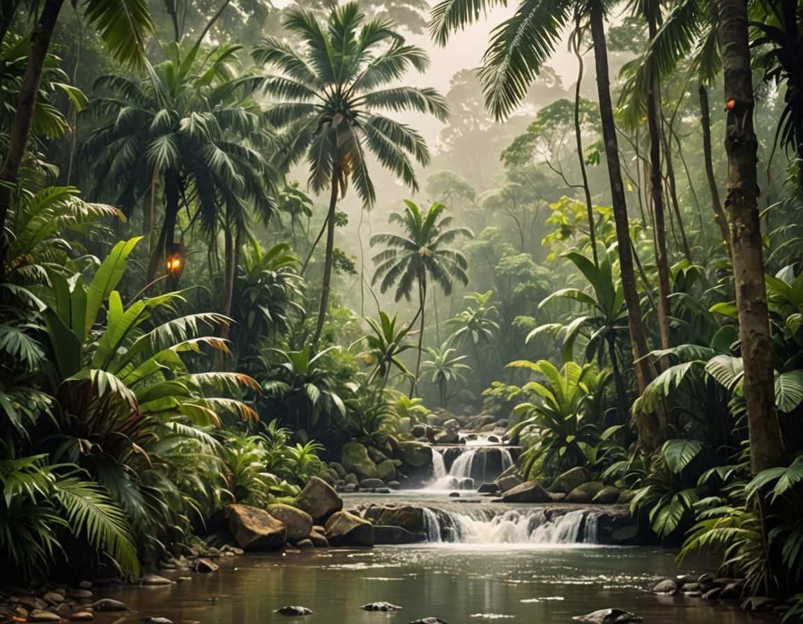 Lush Tropical Jungle Landscape with Waterfall
