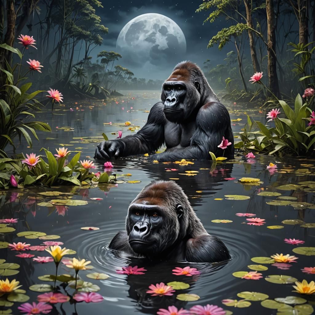 Gorilla Bear Bathes in Amazon Forest Lake