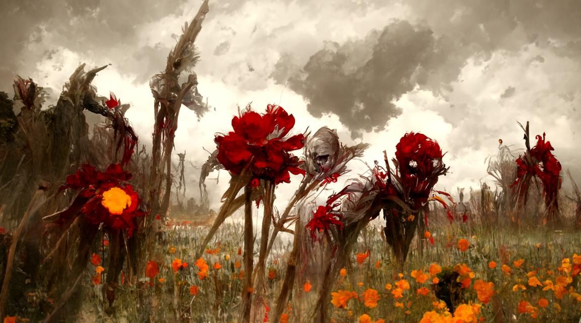 Sinister Bloody Flower Field in Romanticism Style