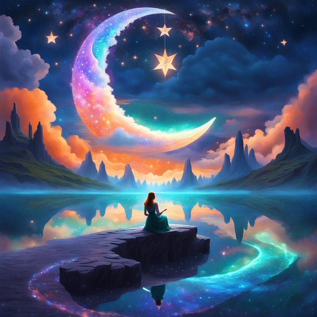 Girl Fishing for Stars on the Moon