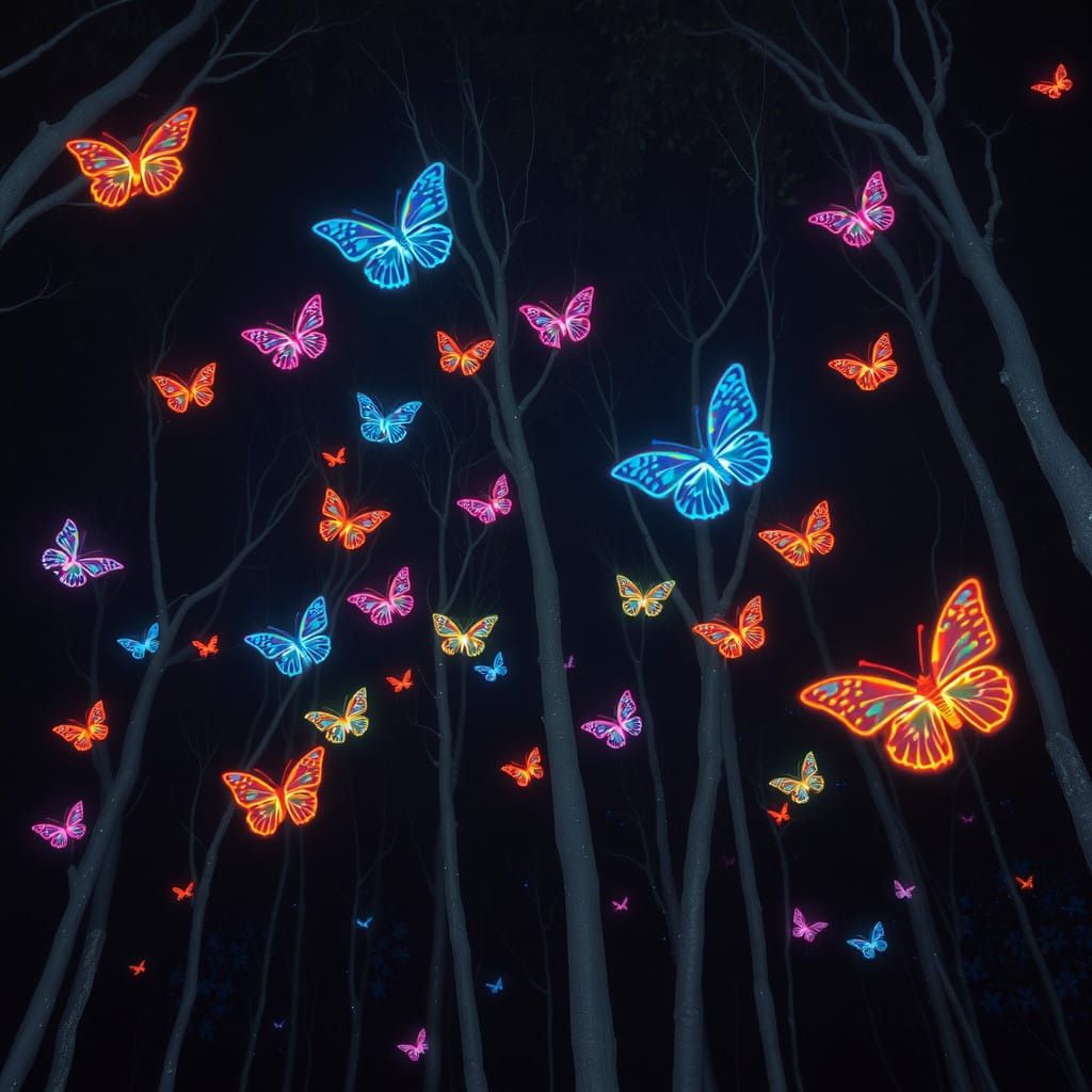 Holographic Nightscapes with Neon Butterflies and Steel Tree...