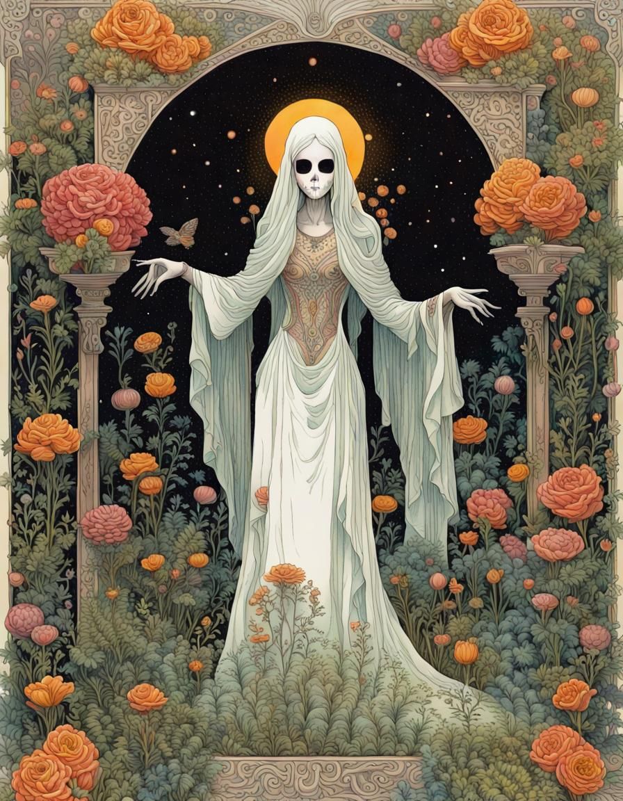 Ethereal Woman in Garden: Book Illustration Style