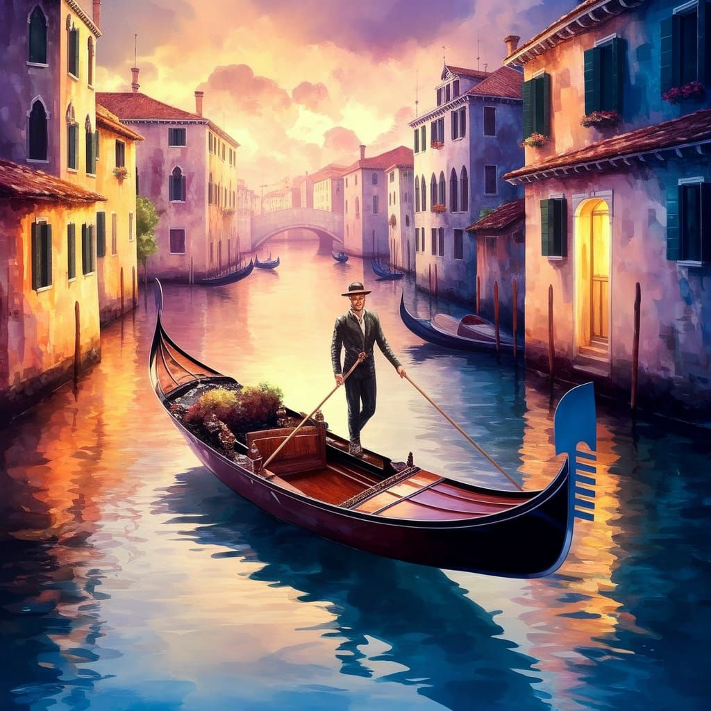 Watercolor Venice: Serene Canal Scene at Dusk