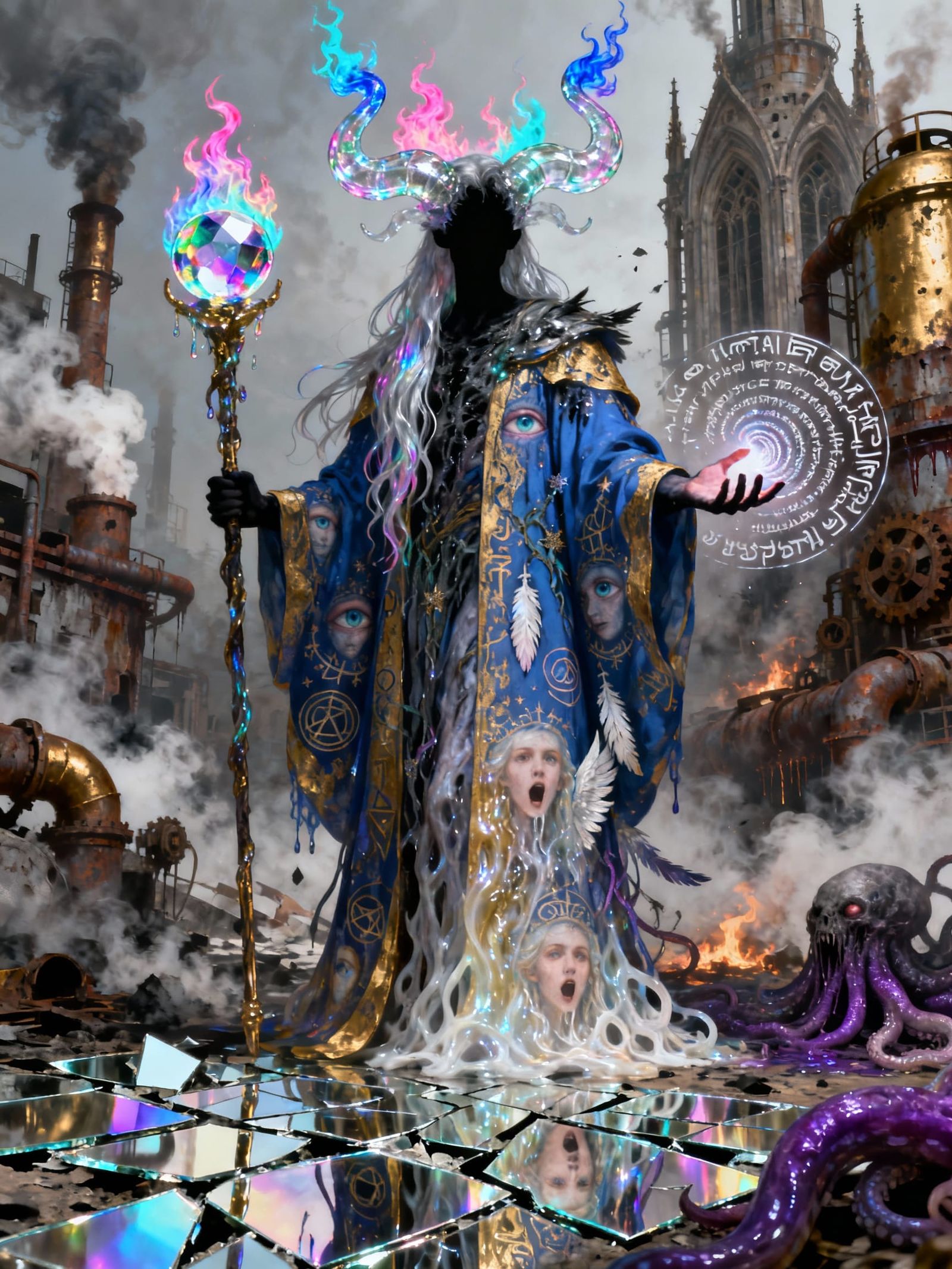 Androgynous Sorcerer in Ruined Industrial Landscape