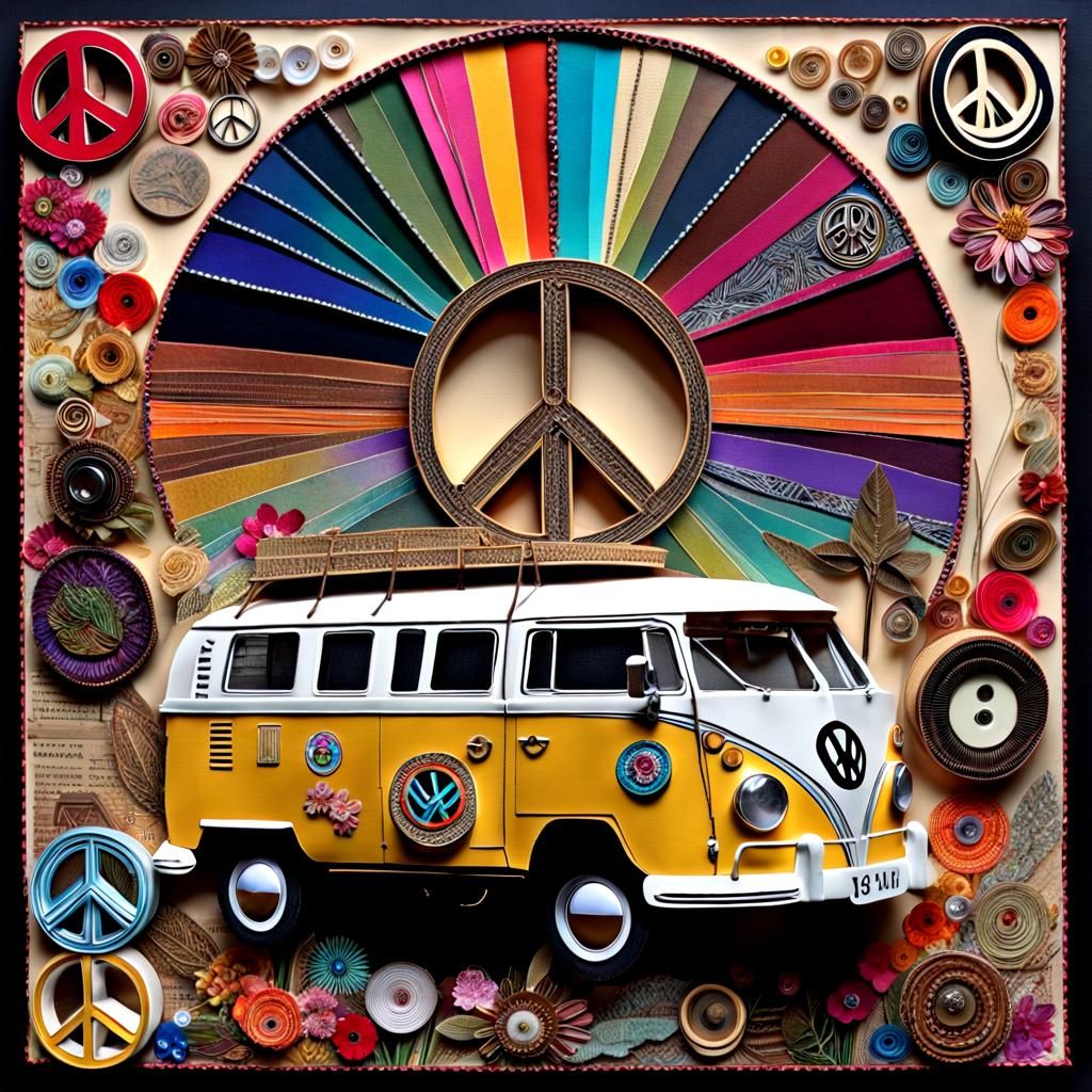 Volkswagen Van in Mixed Media Collage Art