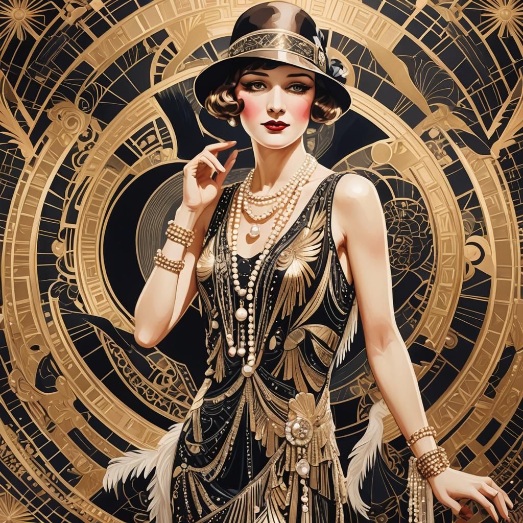 Flapper Dancer Posing in Art Deco Illustration