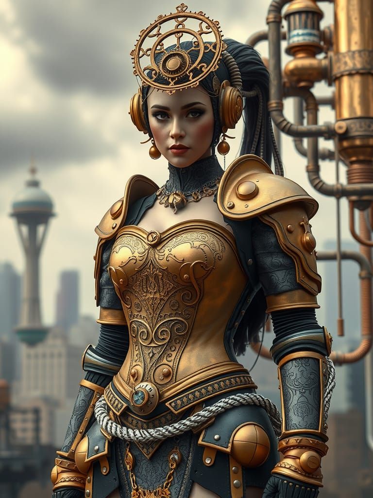 Steampunk Goddess of Industry with Glitchcore Elements