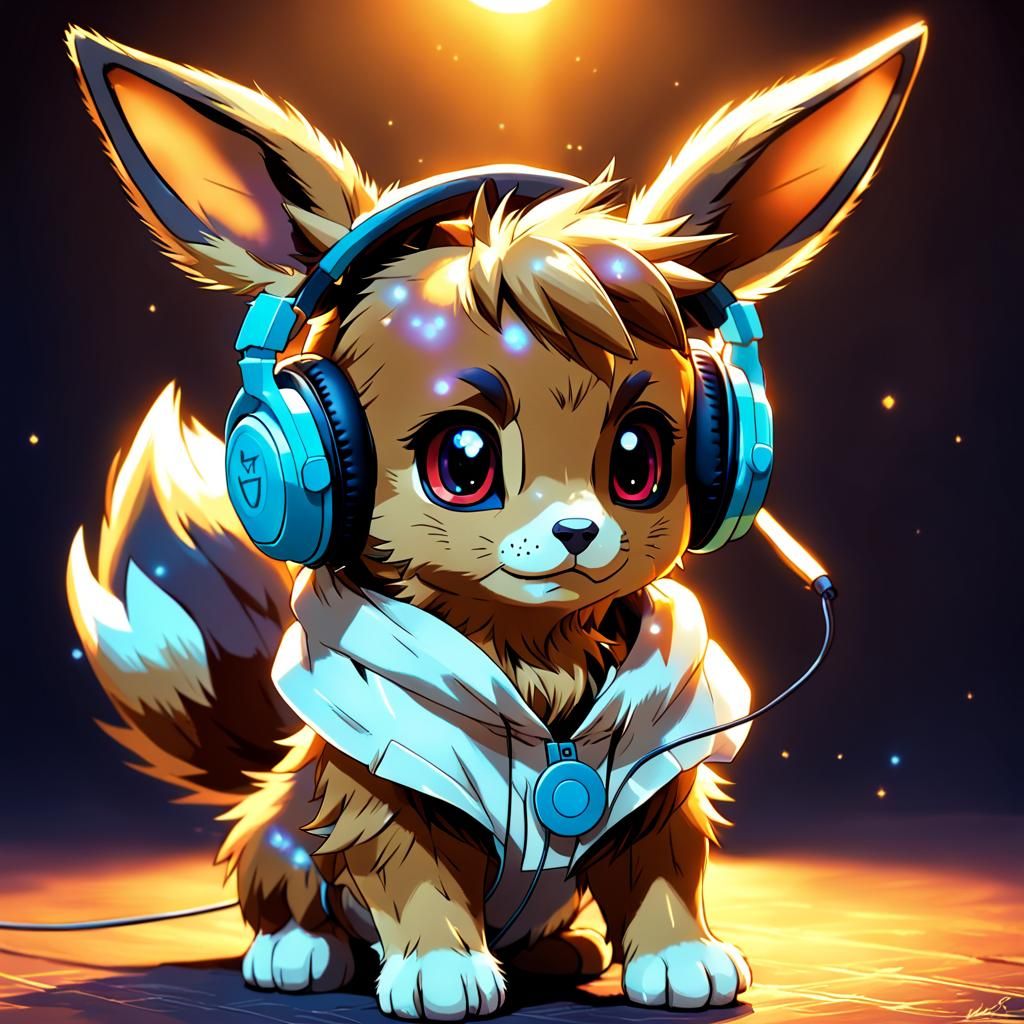 Eevee with Headphones in Cel-Shaded Anime Style