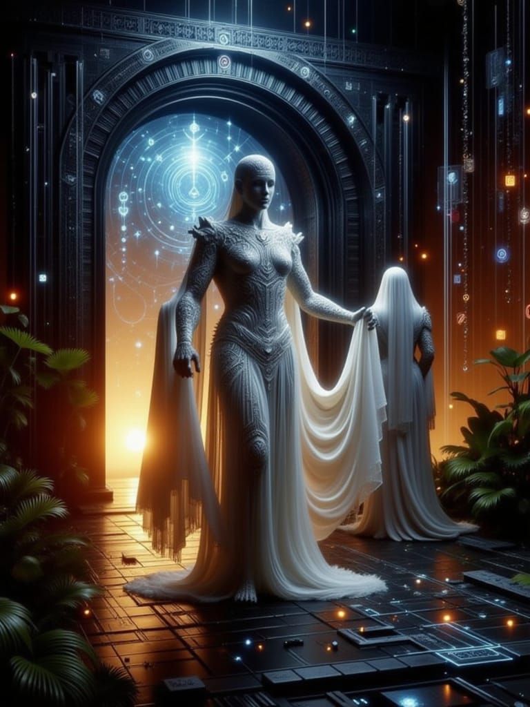 an Aztec goddess, gracefully stepping through a mesmerizing,...