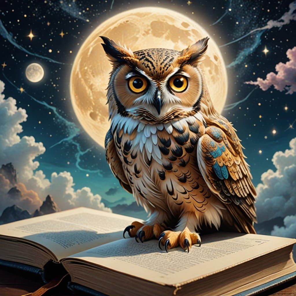 Whimsical Owl and Cat in Space, Inspired by Hayao Miyazaki