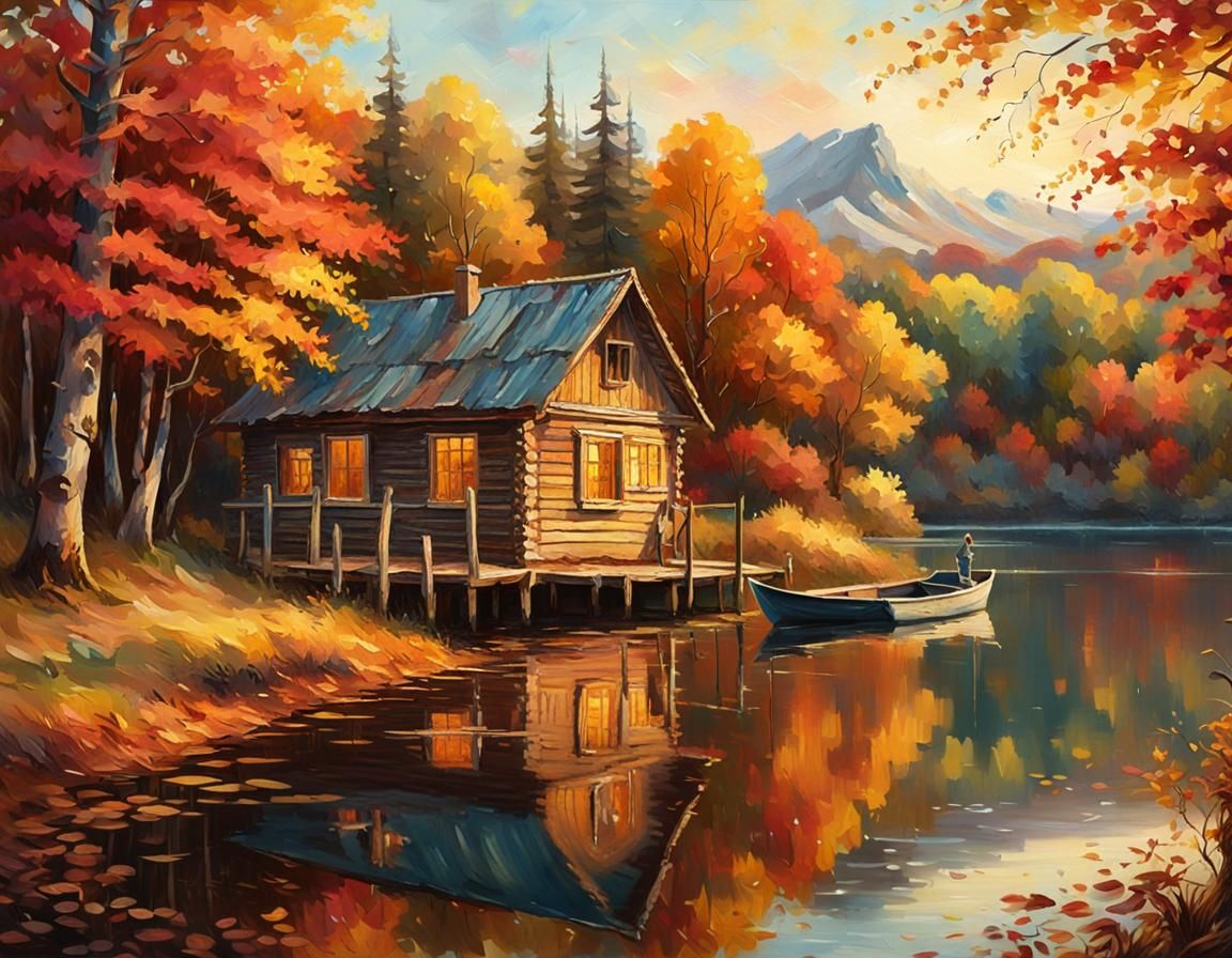 Autumn Cabin by Lake: Impressionist Oil Painting
