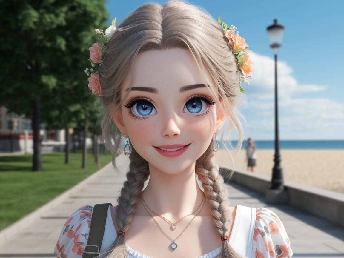 Anime Woman Walking on Beach in 8K